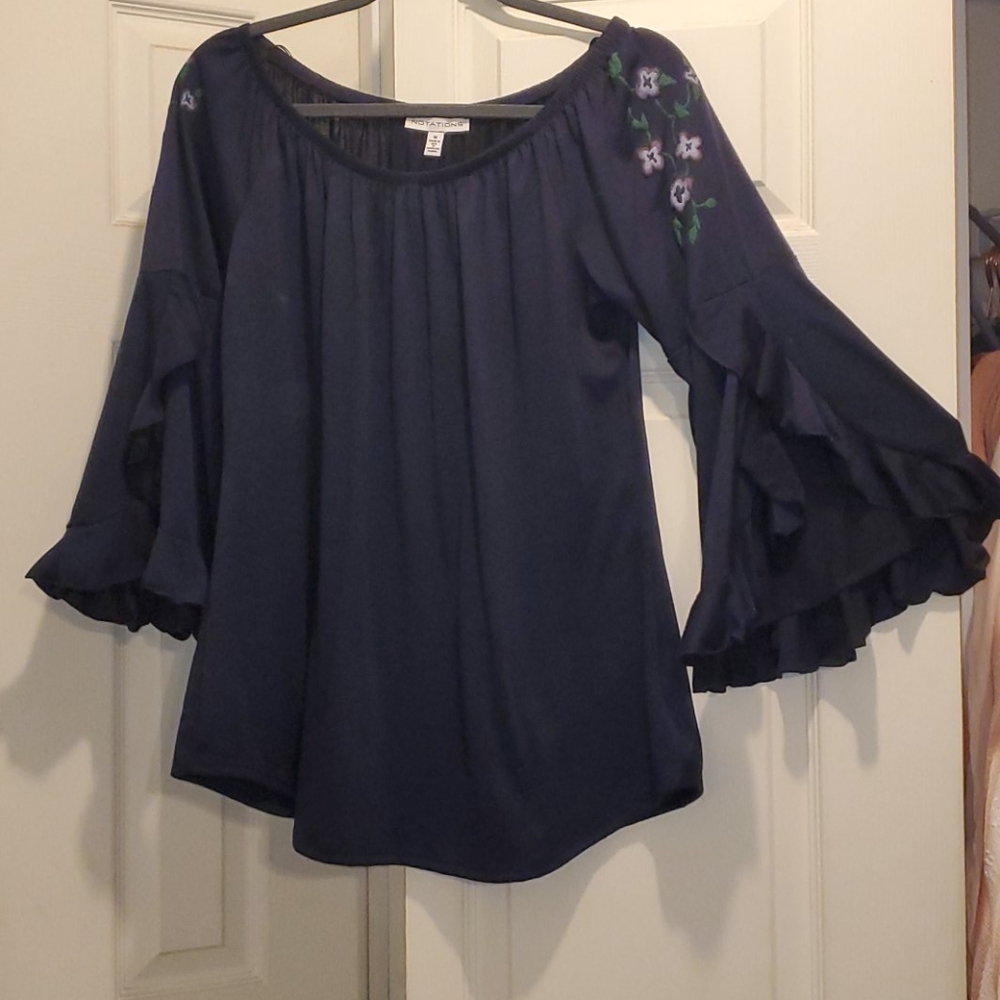 Navy Blue Flowy/ruffled bell sleeve dress shirt